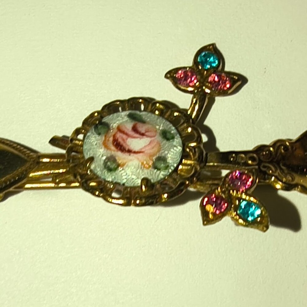 Vintage 1950's CORO Guilloche Rose Enamel  Pin & Screw Back Earrings          13 - Picture 2 of 8